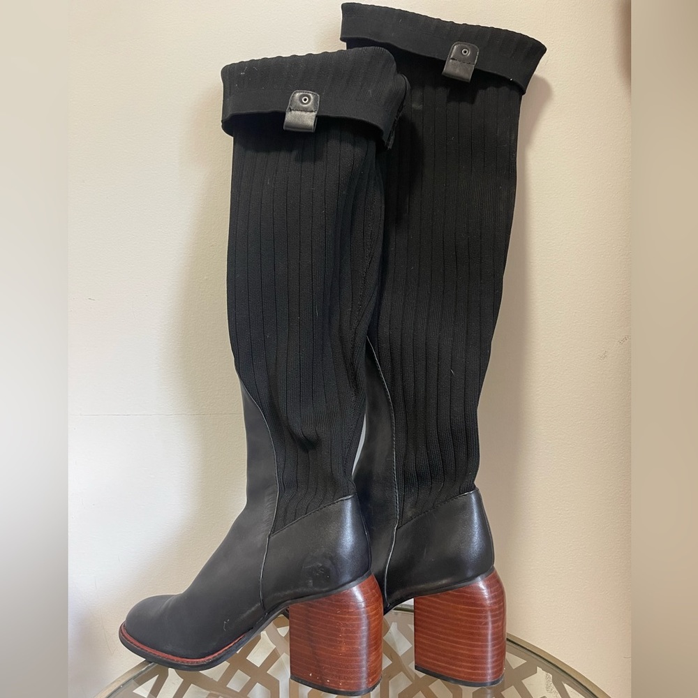 Kelsi Dagger Brooklyn BLACK Leather & Rib-Knit Image Over the Knee Boot size 9